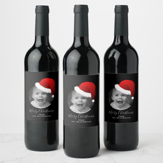 Funny Christmas Custom Foto Weihnachtsmannmütze Fa Weinetikett (Flaschen)