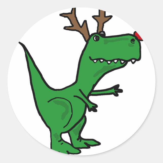 Funny Christmas Dinosaur als Rentier Runder Aufkleber (Vorderseite)