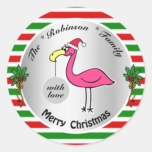 Funny Christmas Flamingo Rot und Grün Niedlicher S Runder Aufkleber (Vorderseite)