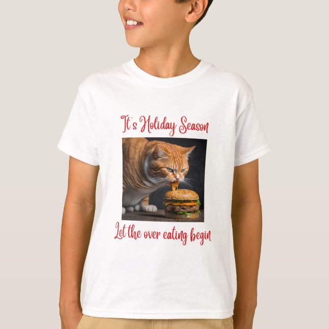 Funny Christmas Ginger Fat Cat Eating Burger Kid's T-Shirt (Vorderseite)