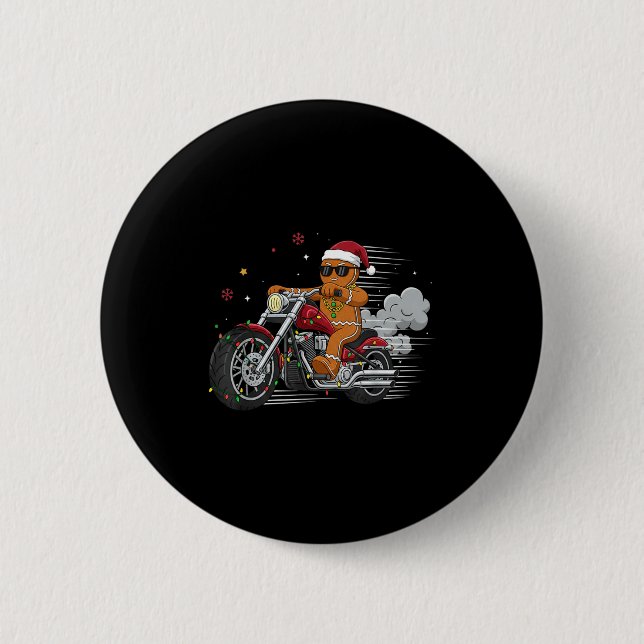 Funny Christmas Gingerbread Man Biker Riding A Mot Button (Vorderseite)