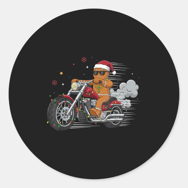 Funny Christmas Gingerbread Man Biker Riding A Mot Runder Aufkleber (Vorderseite)
