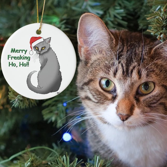 Funny Christmas Gray Cat Keramik Ornament (Von Creator hochgeladen)
