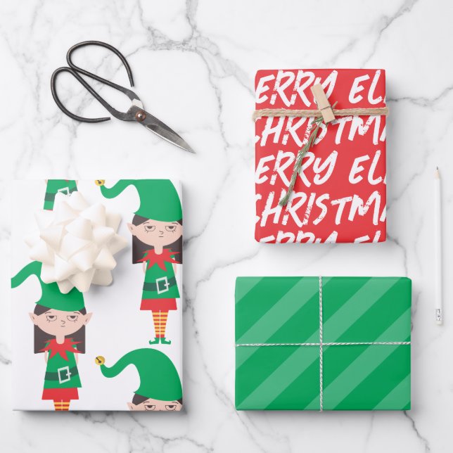 Funny Christmas Grumpy Girl Elf Wrapping Paper Geschenkpapier Set (Vorderseite)