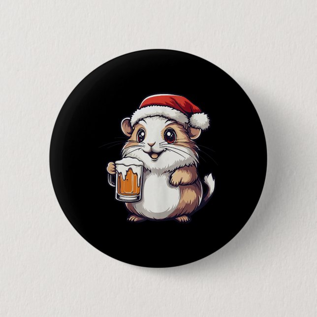 Funny Christmas Hamster mit Bier-Comic Button (Vorderseite)