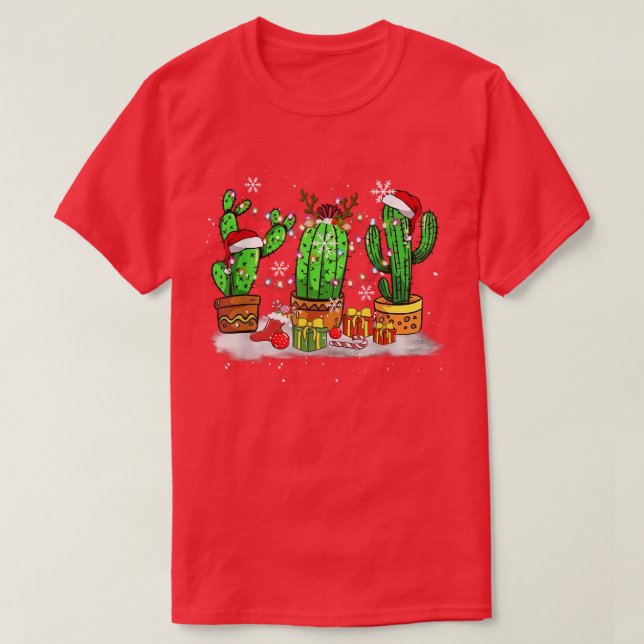 Funny Christmas Lights Cactus Santa Hat Cactus Lov T-Shirt (Design vorne)