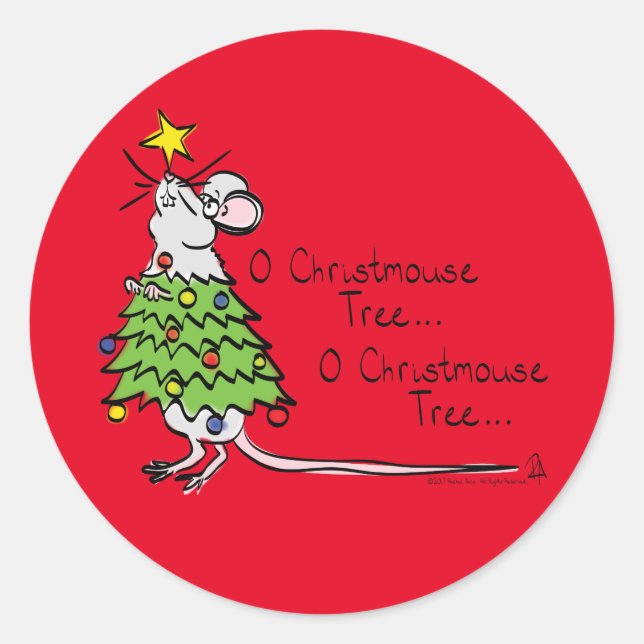Funny Christmas Niedlich Mouse Tree Cartoon Runder Aufkleber (Vorderseite)