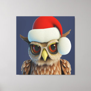 Funny Christmas Owl Tragend Weihnachtsmannmütze Leinwanddruck
