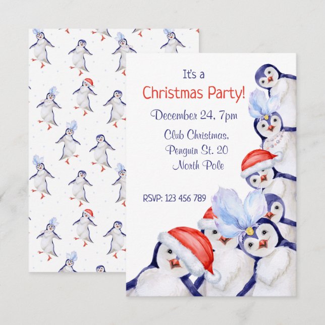 Funny Christmas Penguins Aquarellfarben Einladung (Vorne/Hinten)