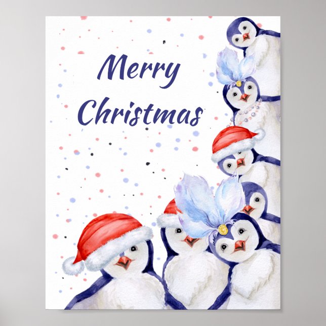 Funny Christmas Penguins Watercolor Poster (Vorne)