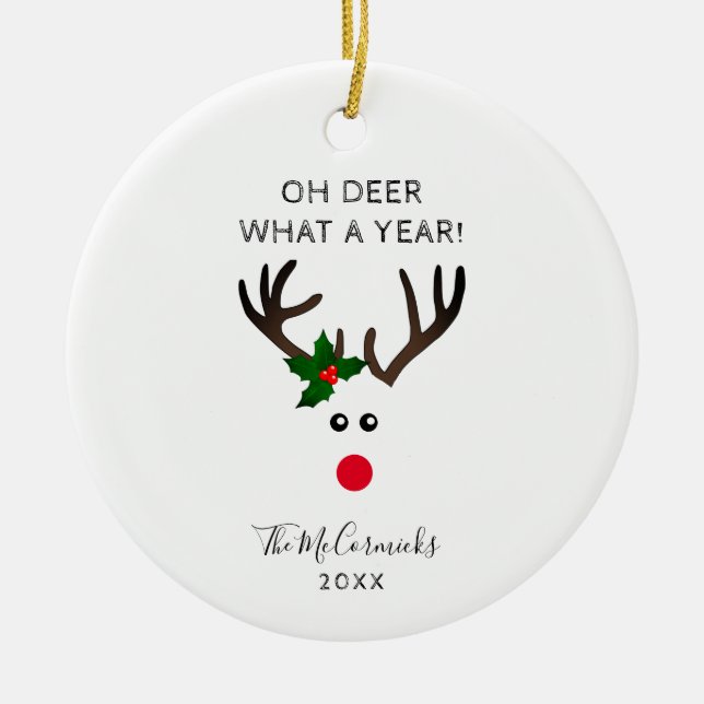 Funny Christmas Rentier Personalisierter Name Jahr Keramik Ornament (Vorne)