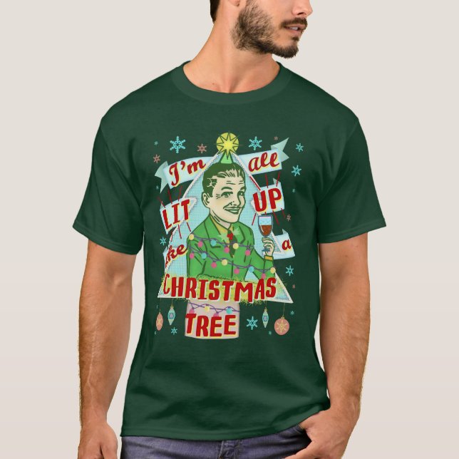 Funny Christmas Retro Drink Spaß Mann Lit Up T-Shirt (Vorderseite)