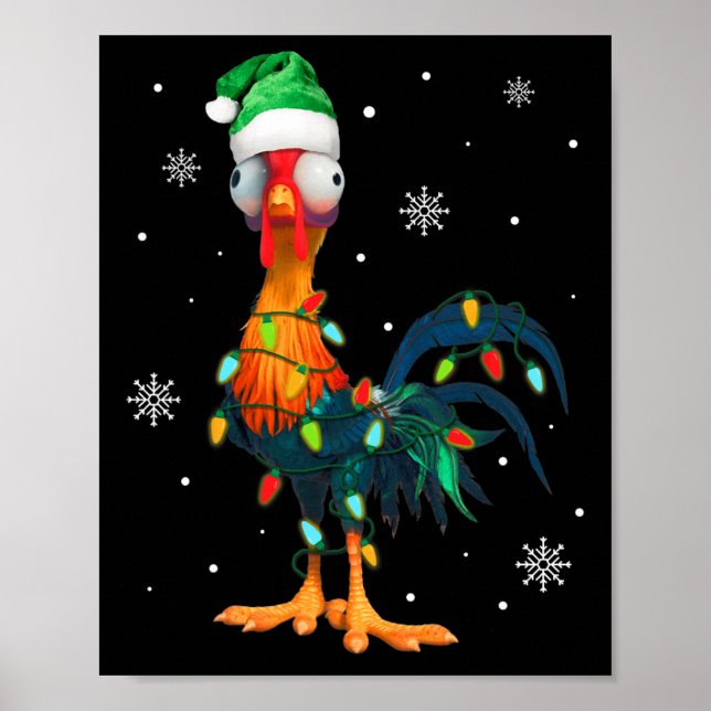 Funny Christmas Rooster im Weihnachtslicht ummante Poster (Vorne)