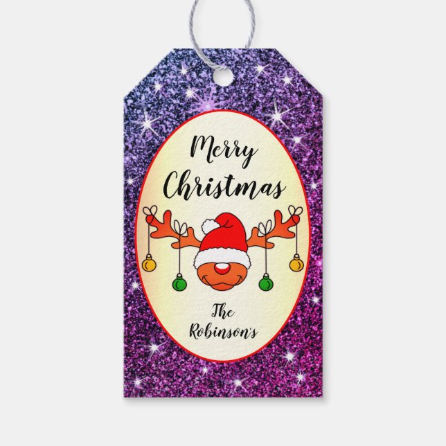 Funny Christmas Rudolph Reindeer Lila Glitzer Geschenkanhänger (Vorderseite)