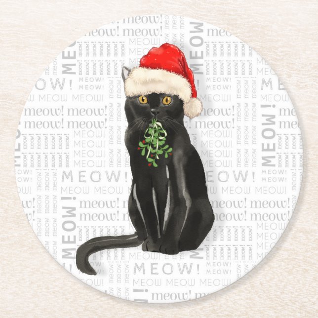 Funny Christmas Santa Black Bombay Cat Runder Pappuntersetzer (Vorderseite)