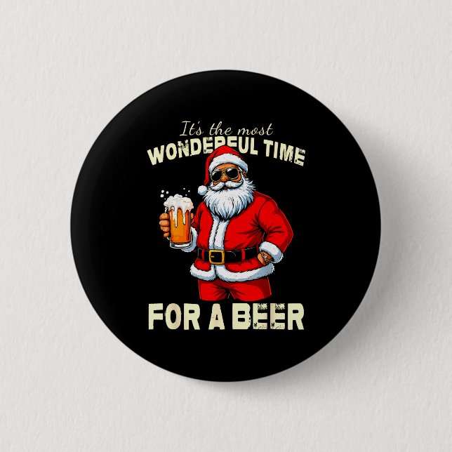 Funny Christmas Santa Drinking Beer Wonderful Time Button (Vorderseite)