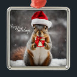 Funny Christmas Santa Eichhörnchen mit Gegenwart Ornament Aus Metall<br><div class="desc">Weihnachtstreuer</div>