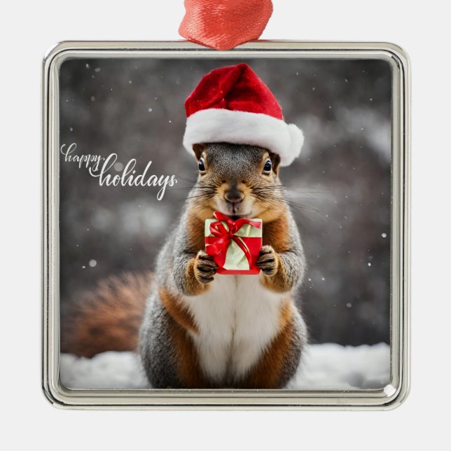 Funny Christmas Santa Eichhörnchen mit Gegenwart Ornament Aus Metall (Vorne)