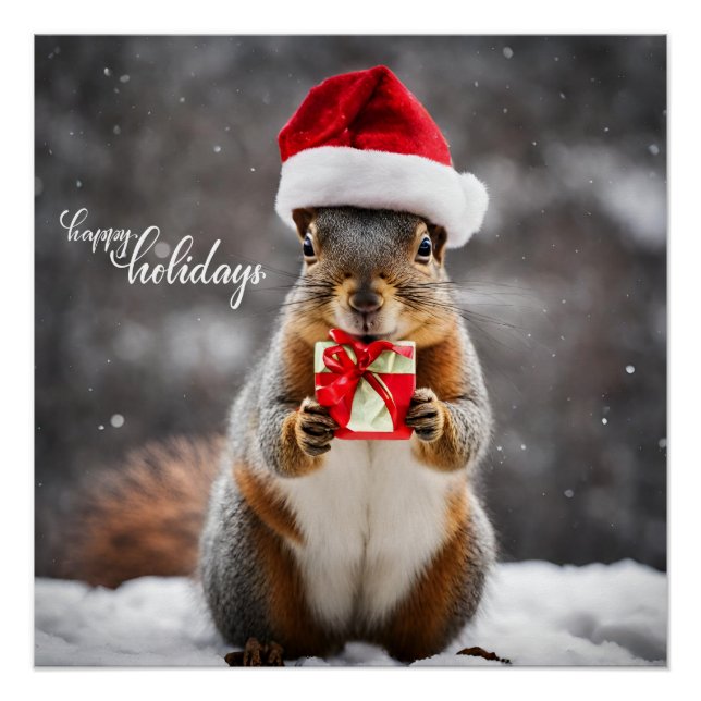 Funny Christmas Santa Eichhörnchen mit Gegenwart Poster (Vorderseite)