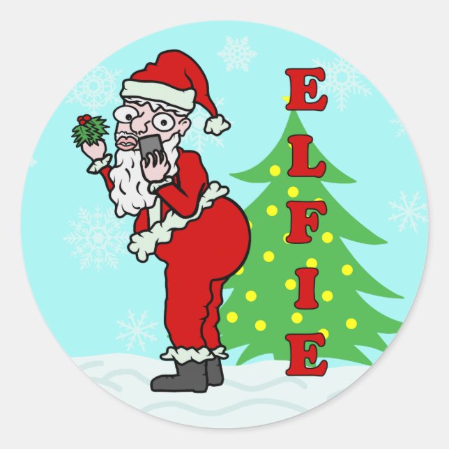 Funny Christmas Santa Elfie Runder Aufkleber (Vorderseite)