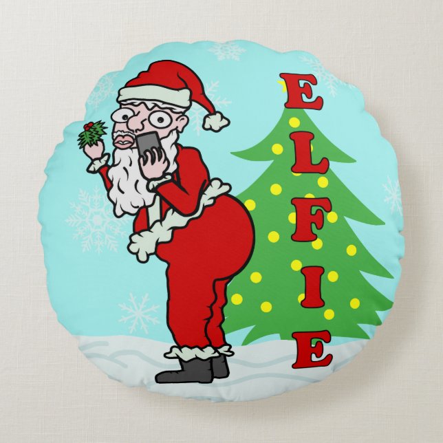 Funny Christmas Santa Elfie Rundes Kissen (Vorderseite)