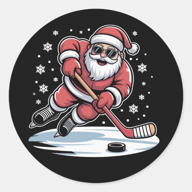 Funny Christmas Santa Playing Ice Hockey Xmas  Runder Aufkleber (Vorderseite)
