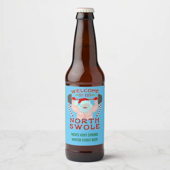 Funny Christmas Santa Swole Weightlifter Homebrew Bierflaschenetikett (Vorderseite)