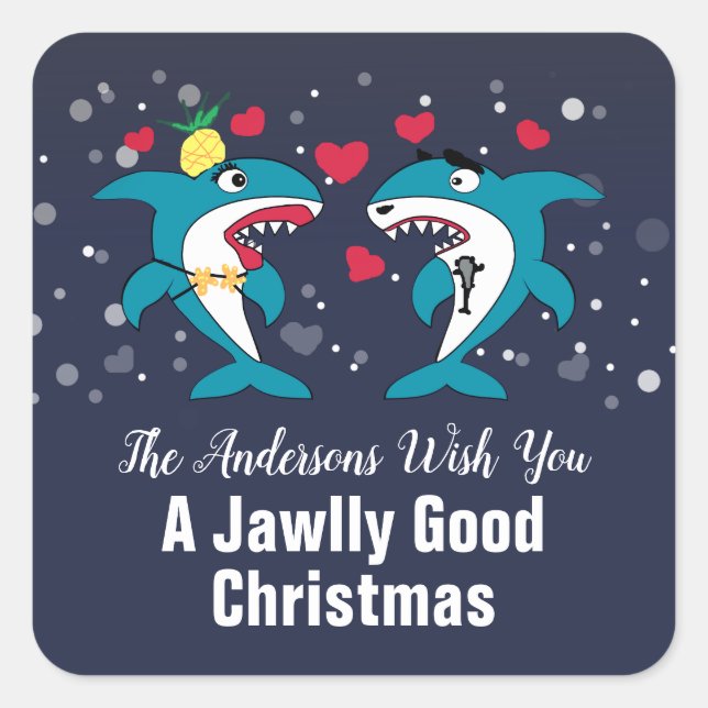 Funny Christmas Sharks Familienname Navy Quadratischer Aufkleber (Vorderseite)