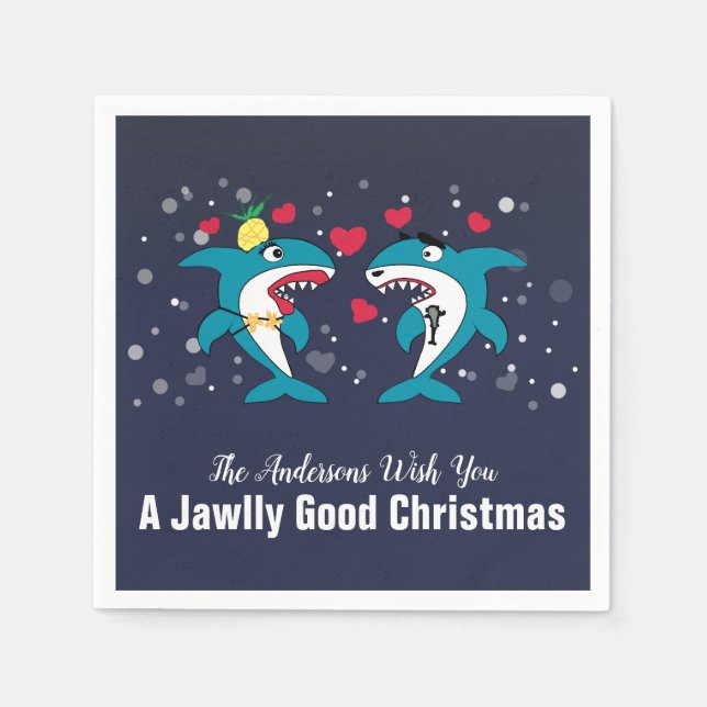 Funny Christmas Sharks Familienname Navy Serviette (Vorderseite)