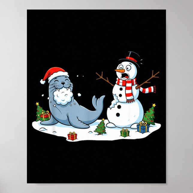 Funny Christmas Snowman Sea Lion Xmas Mens Womens  Poster (Vorne)