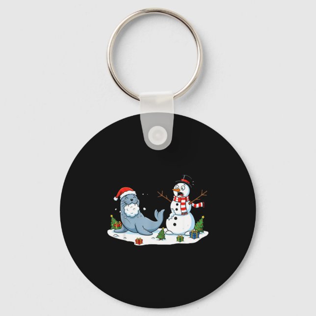 Funny Christmas Snowman Sea Lion Xmas Mens Womens  Schlüsselanhänger (Vorderseite)