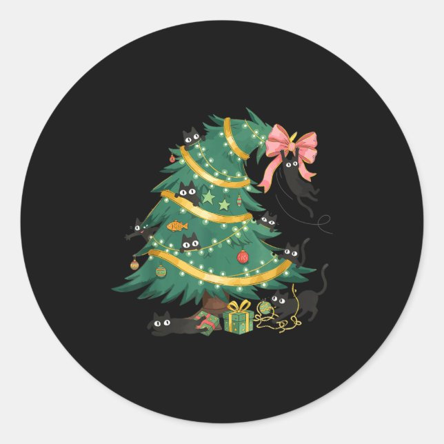 Funny Christmas Tree Cute Black Cat Matching Famil Runder Aufkleber (Vorderseite)