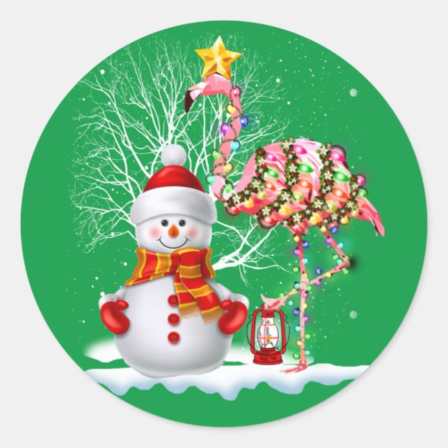 Funny Christmas Tree Flamingo Hat Santa Best Weihn Runder Aufkleber (Vorderseite)