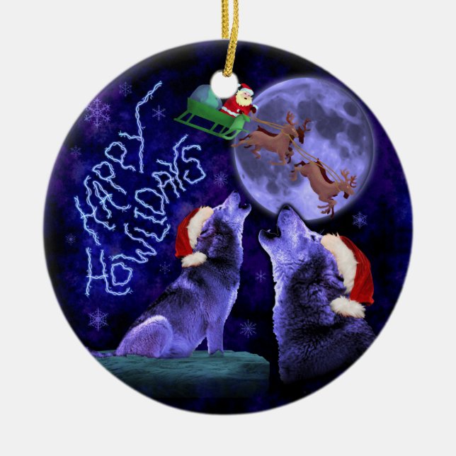 Funny Christmas Wolf Pun Happy Howlidays Spaß Keramikornament (Vorne)