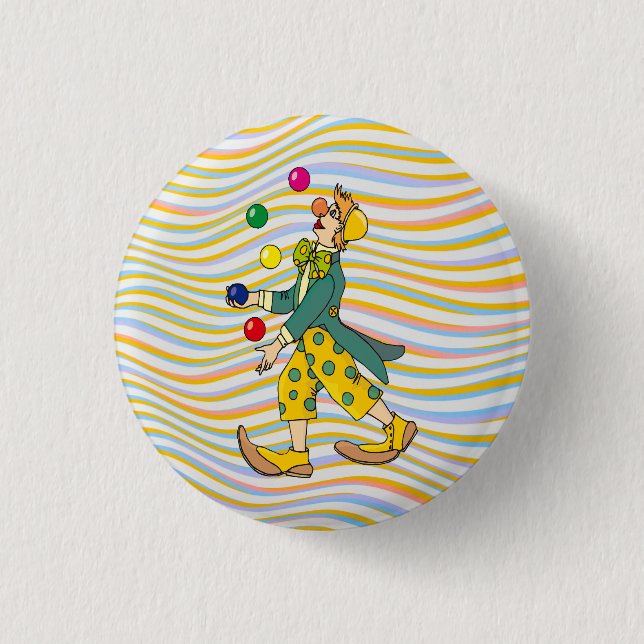 Funny Clown spielen mit farbenfrohen Balls Button (Vorderseite)