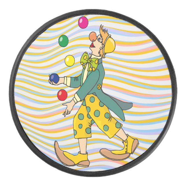 Funny Clown spielen mit farbenfrohen Balls Eishockey Puck (Vorderseite)