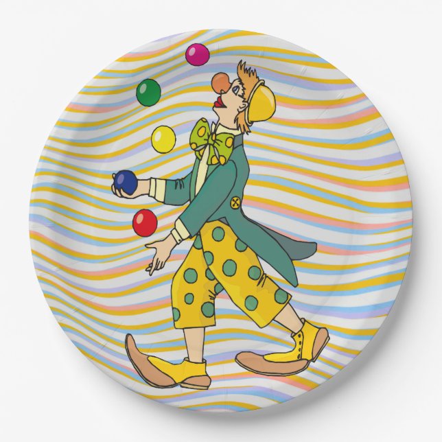 Funny Clown spielen mit farbenfrohen Balls Pappteller (Vorderseite)