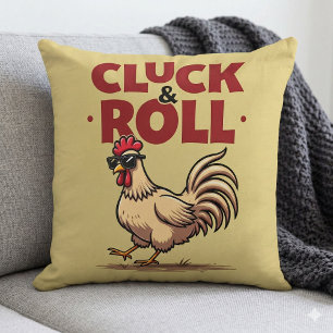 Funny "Cluck & Roll" Cooler Rooster Cartoon Design Kissen