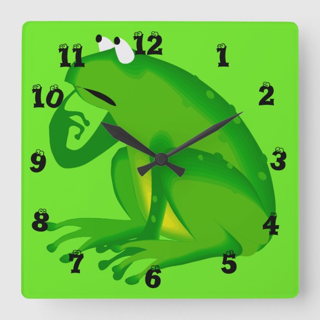 Funny Clueless Green Frog Wall Clock Quadratische Wanduhr (Vorderseite)