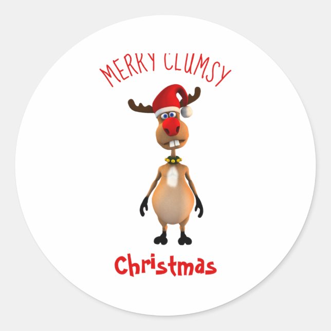 Funny Clumsy Reindeer Merry Christmas  Runder Aufkleber (Vorderseite)