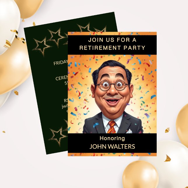 Funny Co-Worker Retirement Party  Einladung (Funny Retirement Party Caricature Business Man Invitation)