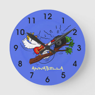 Funny cockatoo playing rock guitar cartoon runde wanduhr