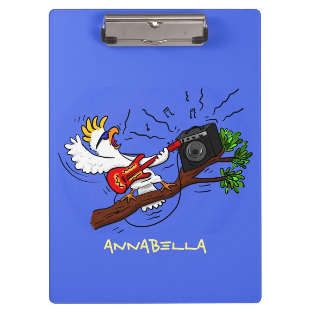 Funny Cockatoo spielt Rockgitarre Cartoon Klemmbrett (Vorderseite)