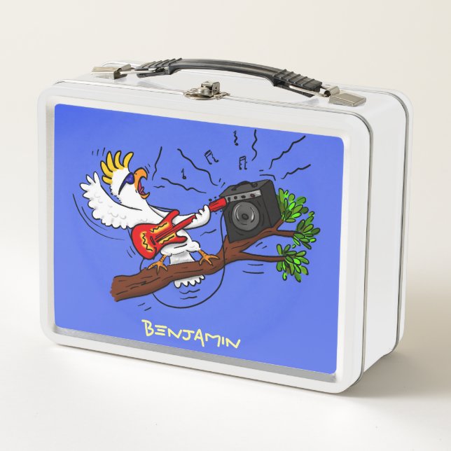 Funny Cockatoo spielt Rockgitarre Cartoon Metall Brotdose (Vorderseite)