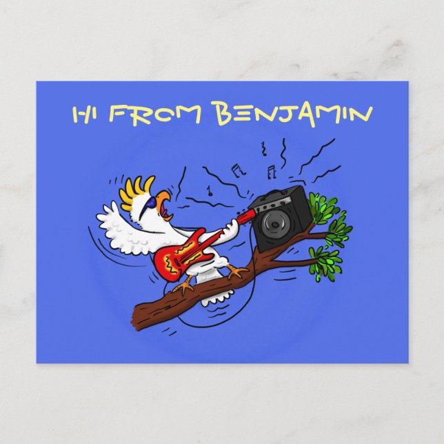 Funny Cockatoo spielt Rockgitarre Cartoon Postkarte (Vorderseite)