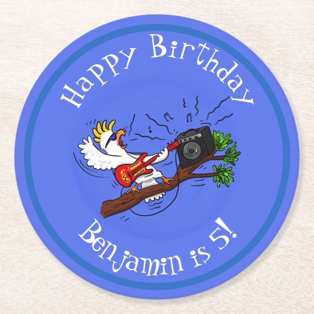 Funny Cockatoo spielt Rockgitarre Cartoon Runder Pappuntersetzer (Vorderseite)