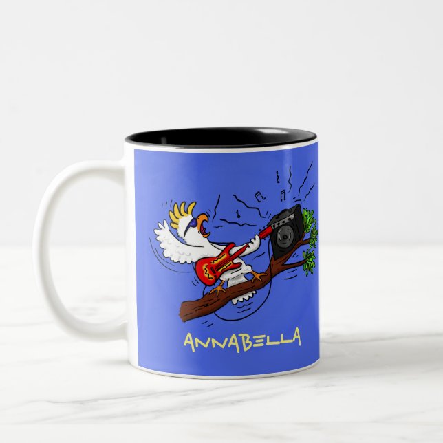 Funny Cockatoo spielt Rockgitarre Cartoon Zweifarbige Tasse (Links)