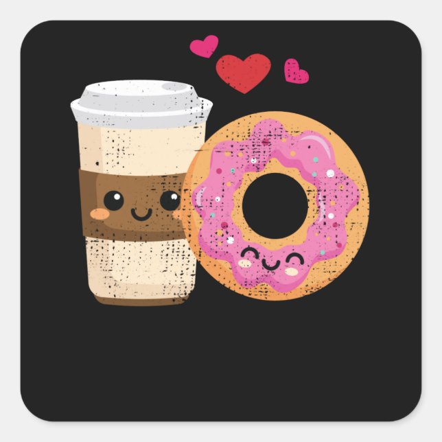 Funny Coffee and Donut Couple Kawaii Valentines Quadratischer Aufkleber (Vorderseite)