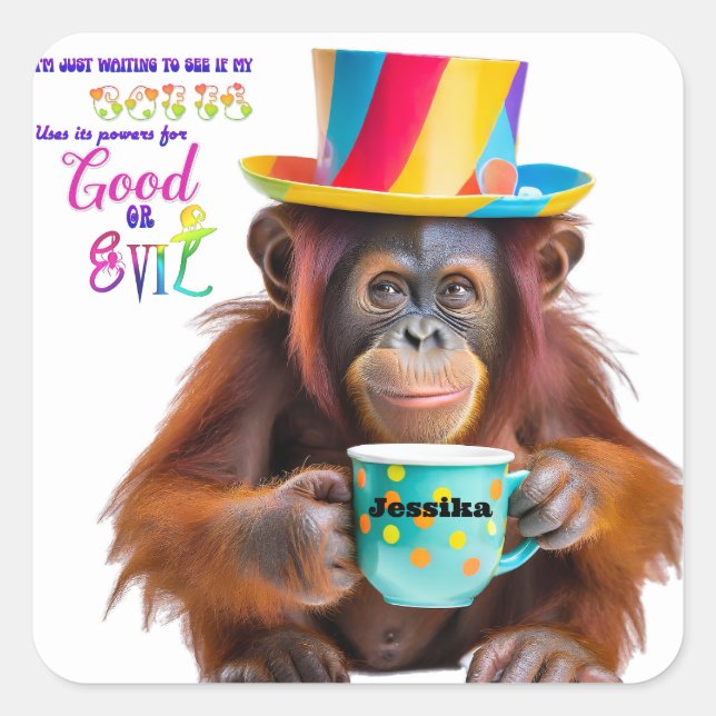 Funny Coffee Lover Custom Personalisiert Orangutan Quadratischer Aufkleber (Vorderseite)