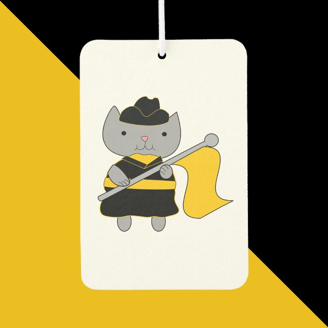 Funny Color Guard Kitten Flag Black Yellow Autolufterfrischer (An air freshener featuring a gray cat in a black and yellow gold color guard uniform.)